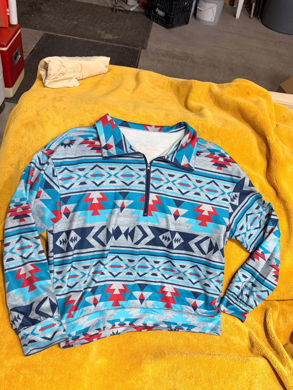 SHEIN Turquoise Red Navy Aztec Quarter-Zip Pullover